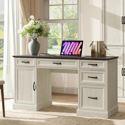 58'' Farmhouse Executive Desk with Drawers, Home Office Desk with File Drawer and Storage Cabinet, Rustic Computer Desk