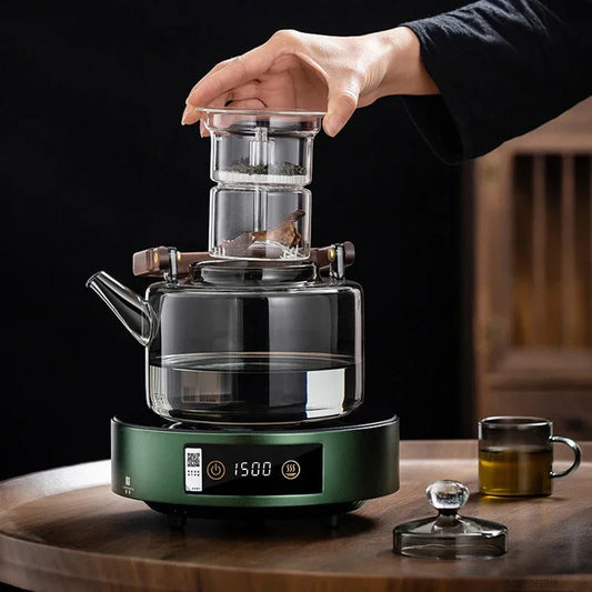 JUSTINLAU 1.3L Glass Teapot Integrated Steaming&Boiling Kettle with Thickened Filter&Wooden Handle Household Kung Fu Tea Set