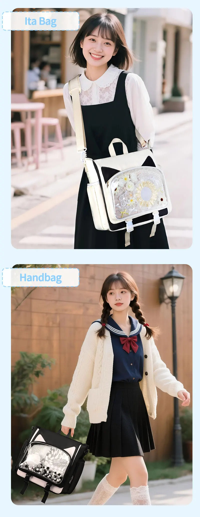 TINYAT Y2K Ita Bag Girl School Backpack Waterproof Transparent Shoulder Bag Women's Crossbody Bag DlY Display Cute Cat Ear