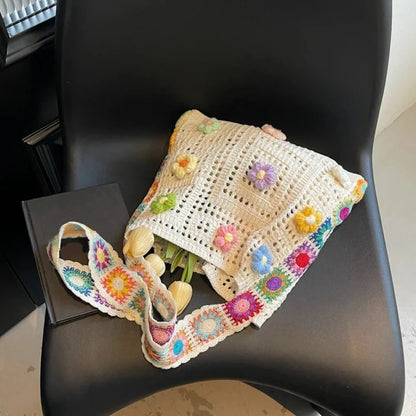 Fashion Large Capacity Women Shoulder Bag Floral Crochet Vintage Handbag Boho Hollow Out Knitted Crossbody Bags