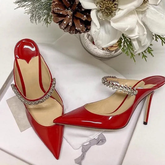 2025 New Fashionable Fine Heeled Muller Shoes with Pointed Water Diamond Chain Banquet Shallow Mouth Women's High Heel Sandals