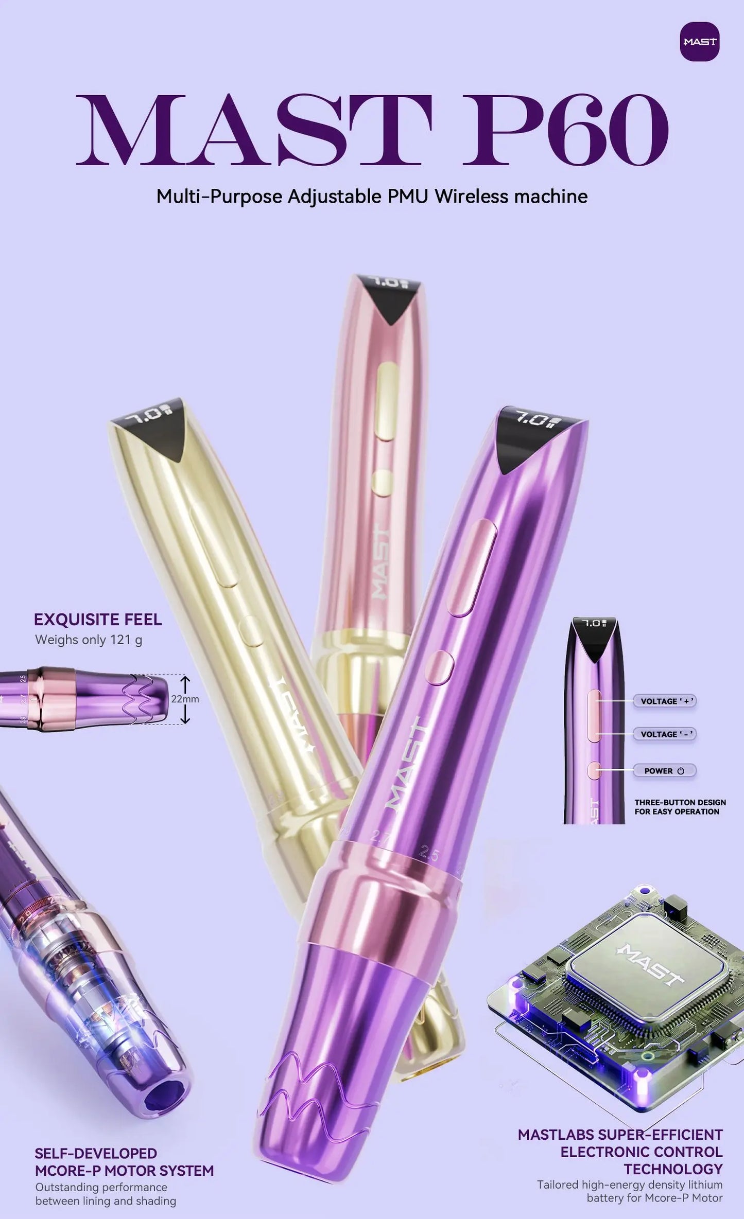 Mast P60 Wireless Tattoo Machine PMU Pen 5 Strokes Length 2.2mm - 3.2mm Permanent Makeup for Pro Artists Eyebrows Eyeliner Lip
