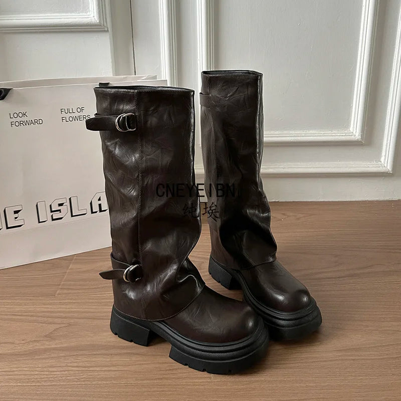 Women Double Buckle Slouch Knee High Boots Round Toe Platform Thick Sole Leather Tall Boots Street Casual Daily Ladies Boots