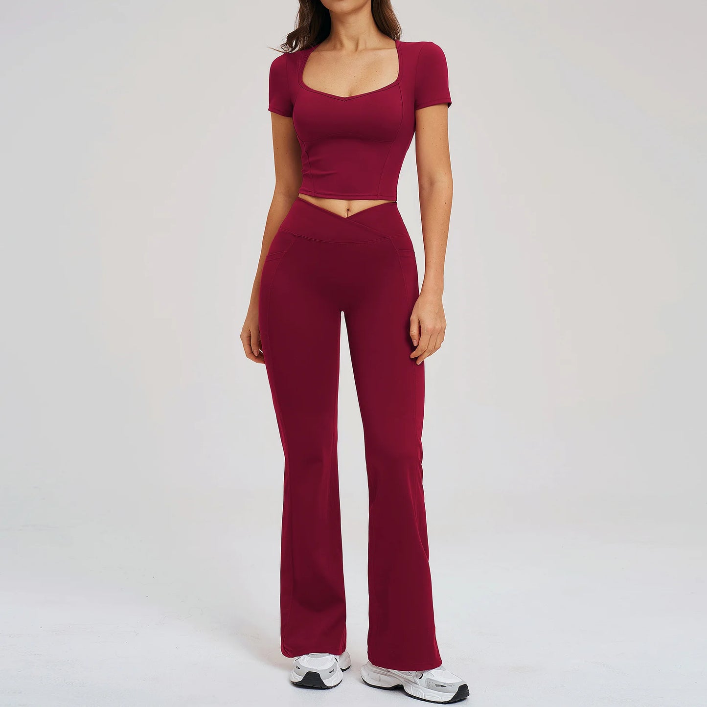 2PCS Women's Yoga Tracksuit midriff-baring short sleeve top high waist Bell-bottom Women Gym Running Training Workout Yoga Set