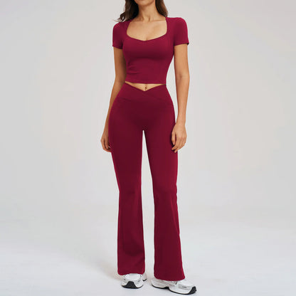 2PCS Women's Yoga Tracksuit midriff-baring short sleeve top high waist Bell-bottom Women Gym Running Training Workout Yoga Set