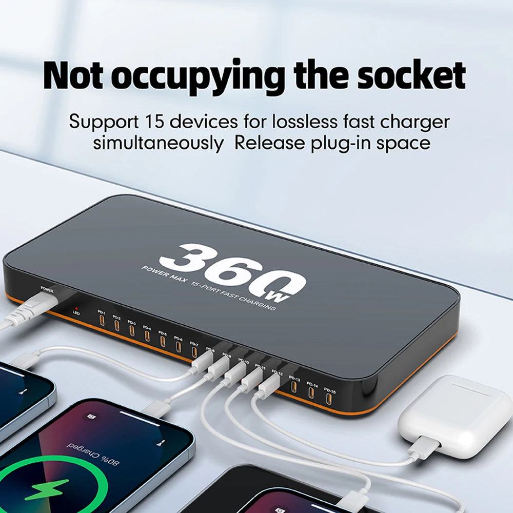 360W USB Charger 15 in 1 Desktop PD 24W Fast Charge USB Type C Charger LED Display Charger For iPhone Xiaomi Smartphone Laptop