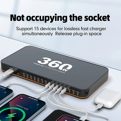 360W USB Charger 15 in 1 Desktop PD 24W Fast Charge USB Type C Charger LED Display Charger For iPhone Xiaomi Smartphone Laptop