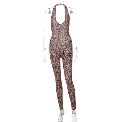 Hugcitar Leopard Print Halter Backless Slip Sexy Bodycon Jumpsuit 2025 Spring Summer Casual Outfits Streetwear Festival Romper