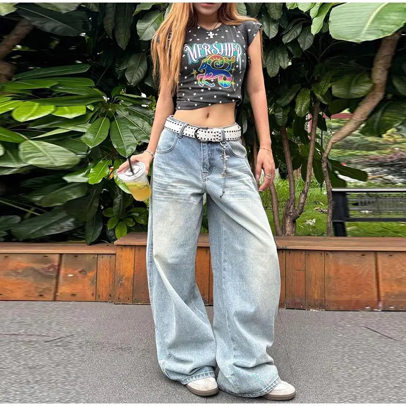 Women's Jeans Vintage Printed High Waist Zipper Pockets Straight Leg Trousers Female 2026 Spring Fashion Woman Clothes Outwears
