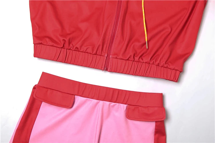 Sisterlinda Panelled Casual 2 Piece Set Hipster Sporty Sweet Zip-up High Collar Full Sleeve Coats+Elastic Waist Shorts Tracksuit