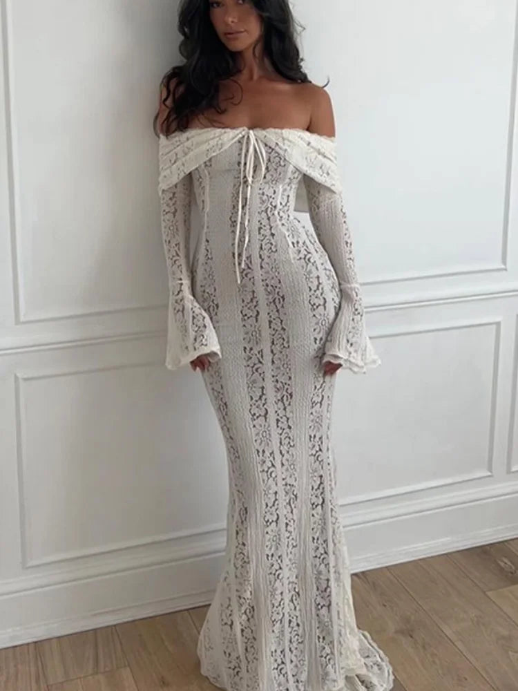 White Sexy Lace Flare Sleeve Dress Off Shoulder Slim Maxi Dresses Women 2024 Female Hollow Out Mermaid Floor Length Elegant Robe