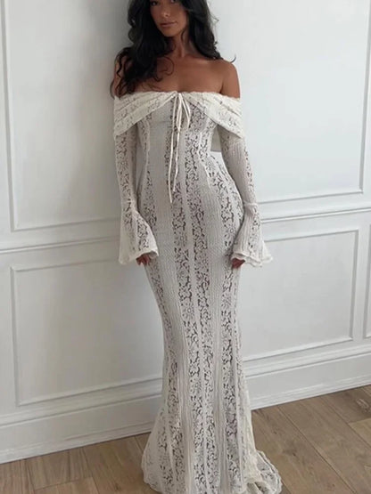 White Sexy Lace Flare Sleeve Dress Off Shoulder Slim Maxi Dresses Women 2024 Female Hollow Out Mermaid Floor Length Elegant Robe