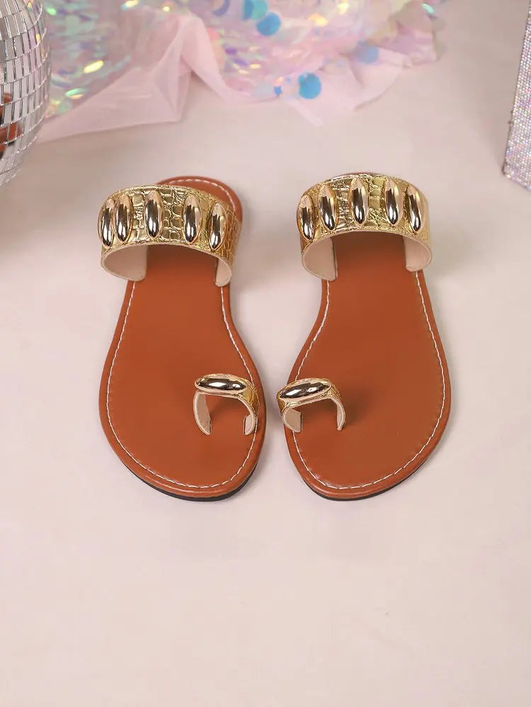 Bohemian Gold Embellished Flat Sandals - Toe Ring Croc Strap Flip Flops, Casual Summer Beach Shoes