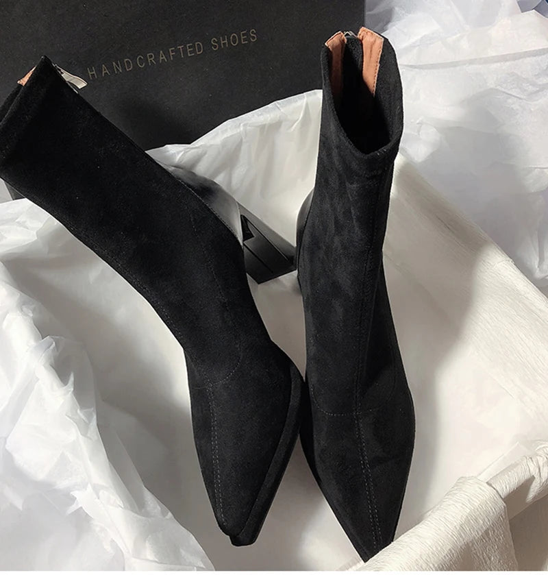 Square High Heel Women Ankle Boots Fashion Zippers Shoes Retro Style Autumn Winter Pointed Toe Ladies Dancing Party Prom Shoes