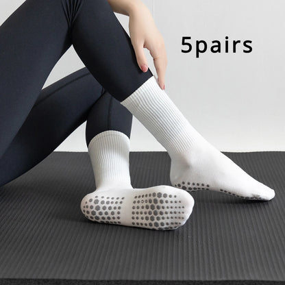 5 pairs Women Anti-skid Yoga Socks Grips Cotton Mid-tube Bottom Breathable Fitness Dance Barre Workout Pilates Socks 8 Colors