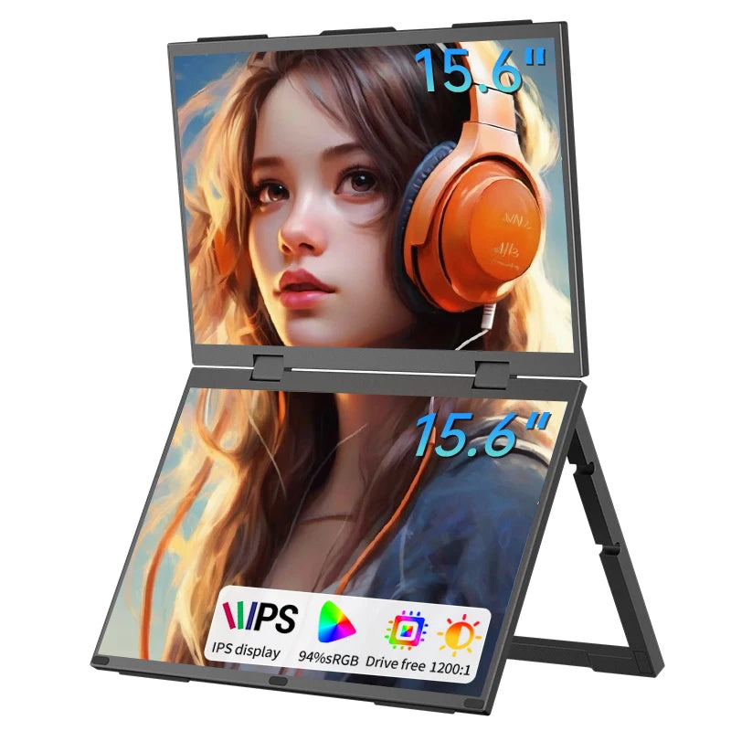 HGFRTEE 15.6 Inch Dual Portable Monitor for Laptop Screen Extender Stackable Foldable 315° Folding Stacked Triple Display