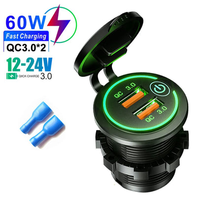 60W 2-port USB Fast Charging Socket Power Outlet Car Modified Charger QC3.0 With Touch Switch for Auto Motorcycle Accessories