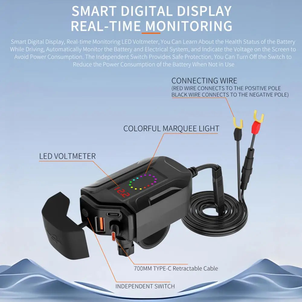 Motorcycle USB Charger 12V Power Supply Adapter with Voltmeter Handlebar USB Socket Charger Waterproof Motorcycle Accessories