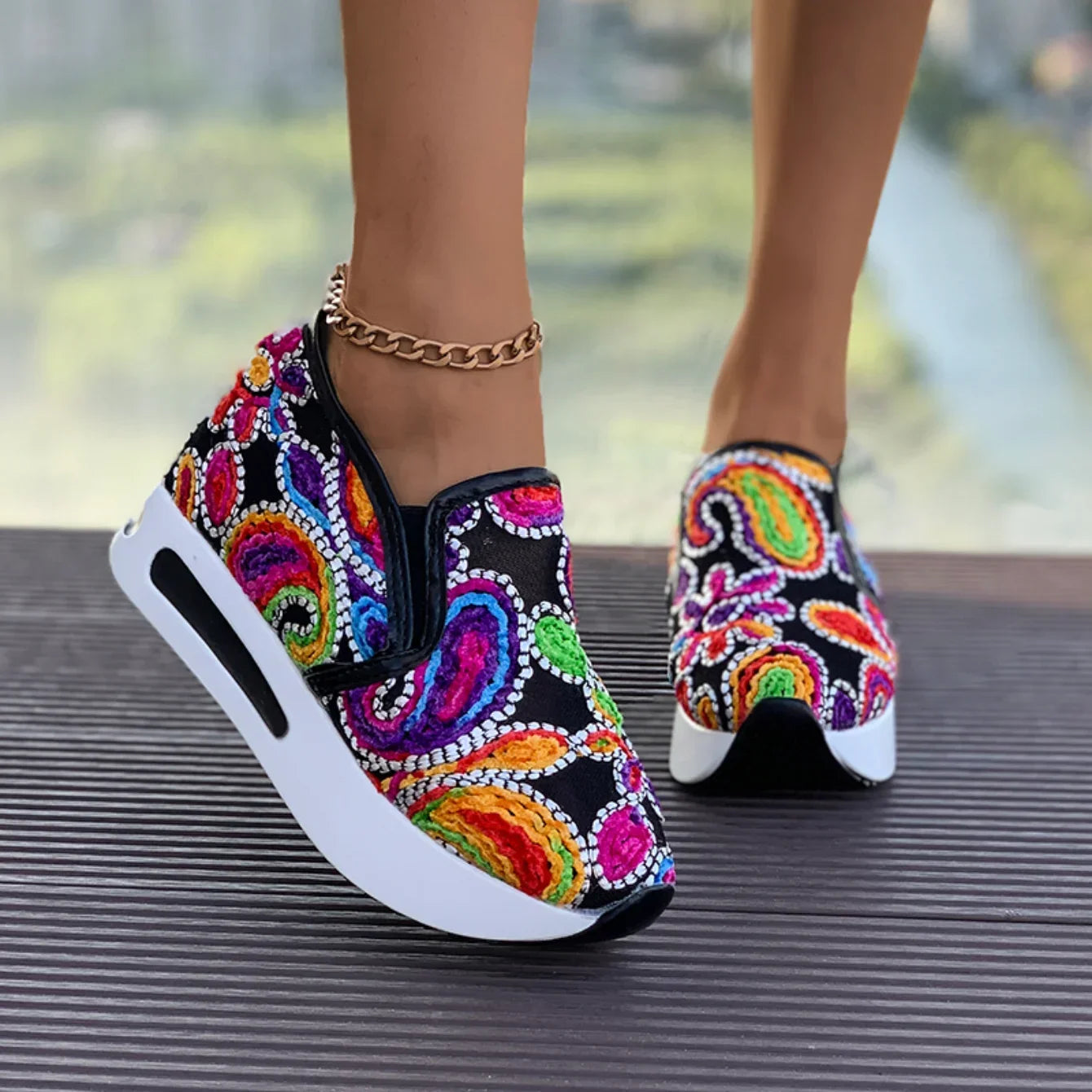 Women's Sneakers Rainbow Embroidered Platform Shoes for Women Breathable Mesh Loafers Lightweight Slip On Casual Shoes Plus Size