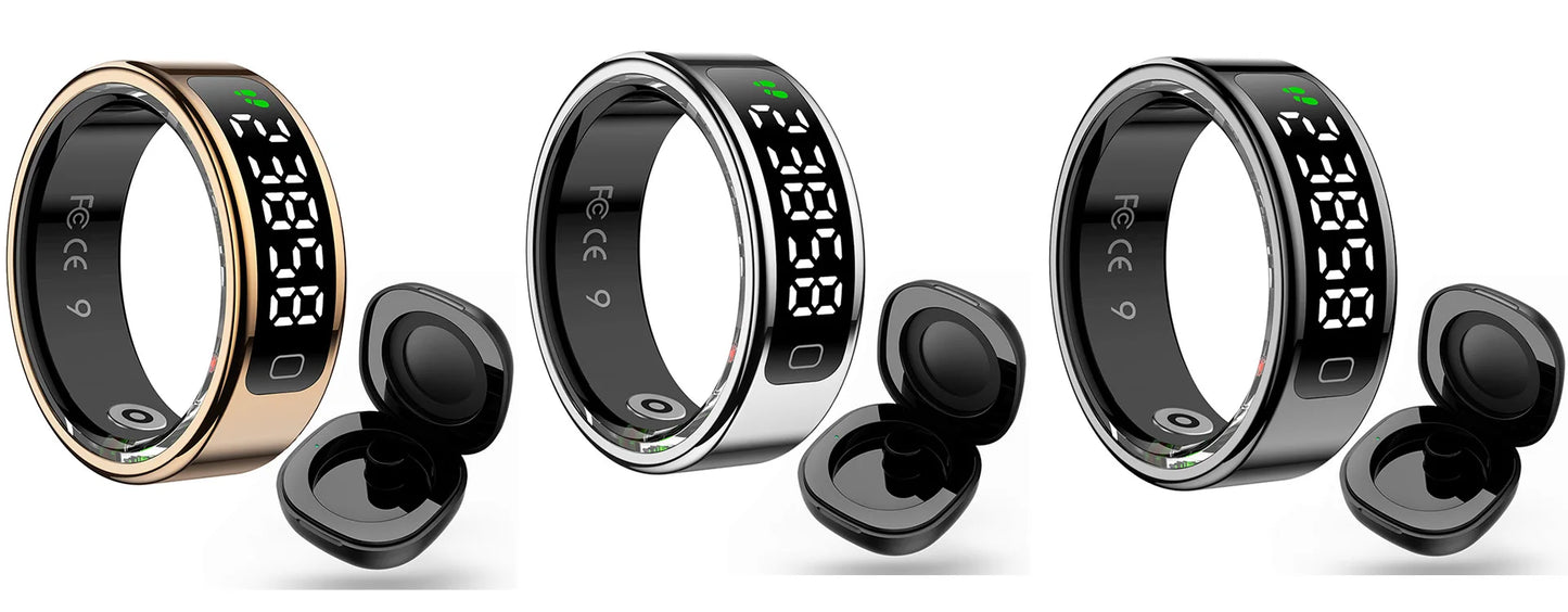 Touch Display Smart Ring R11C with Charging Box-1ATM Waterproof Step Health Tracker 5.2 BLE Heart Rate Blood Oxygen Monitor