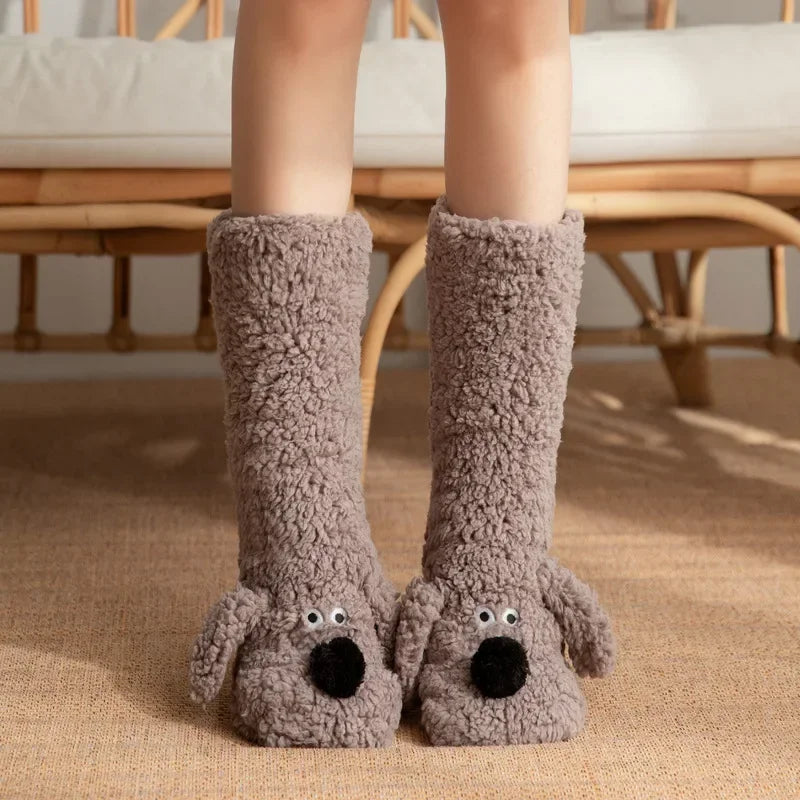 Fuzzy Fluffy Sock Women Cartoon 3D Dog Winter Warm Plush Non slip Home Sleeping Soft Female Floor Thermal Funny Slipper Sock