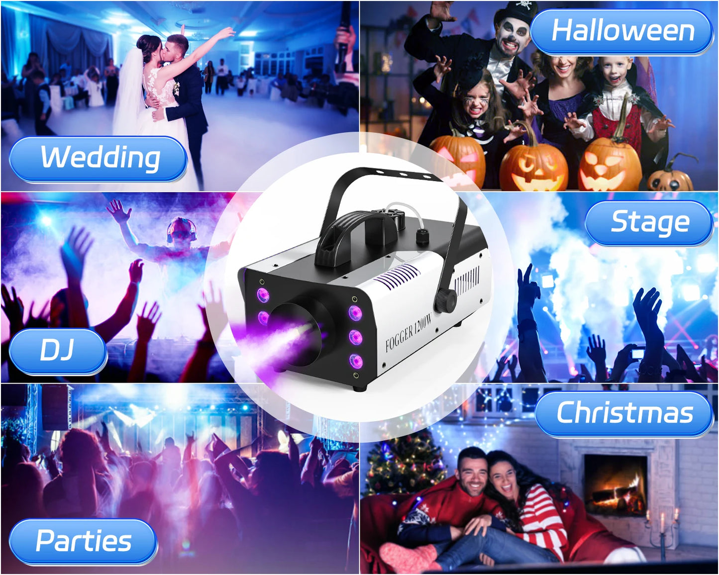Datewink 1200W Smoke Fog Machine RGB 6LEDs Stage Lighting Effect Haze Generator Remote Control For Party DJ Disco Club Wedding