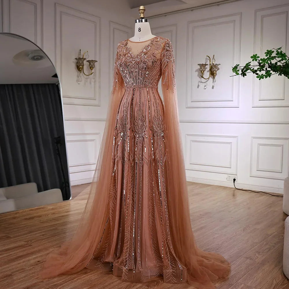 Luxury Elegant Rose Gold Beaded A Line Evening Dress with Cape Sleeves for Formal Party Serene Hill 2026 Customized CLA73056