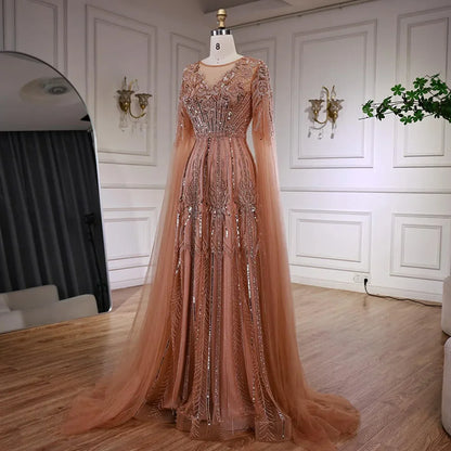 Luxury Elegant Rose Gold Beaded A Line Evening Dress with Cape Sleeves for Formal Party Serene Hill 2026 Customized CLA73056