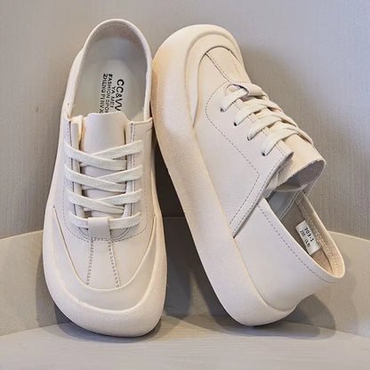 GKTINOO Genuine Leather Lace Up White Shoes For Women Flats Heel Sofe Soles Sneakers Shoes Luxury Leisure Fashion Big Head Shoes