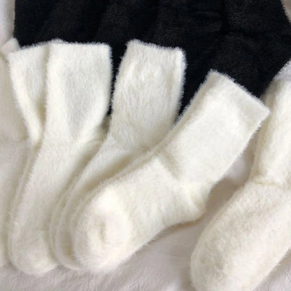 3/6 Pairs Women Autumn Winter Solid Color Plush Mid Tube Socks Warm and Thick Black White Soft Comfortable Casual Socks