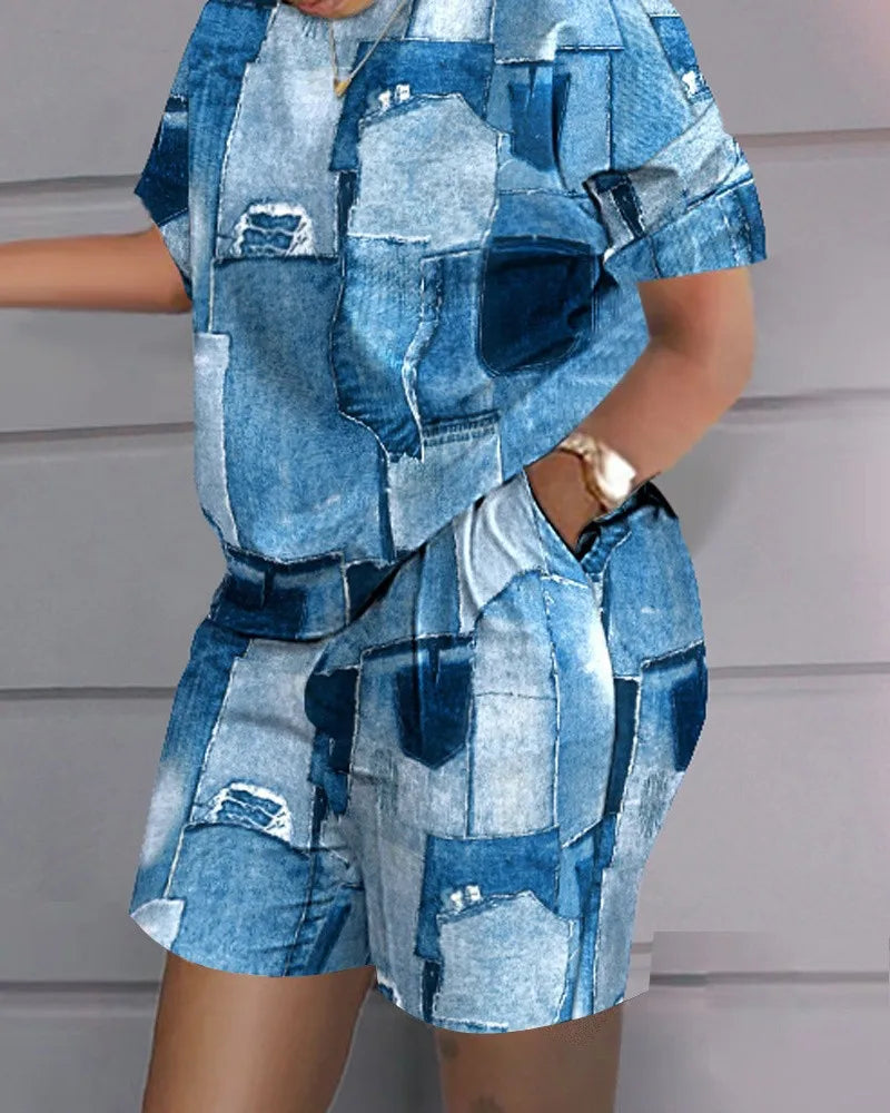 Ladies Casual Summer Two Piece Sets Printed Shorts Sets Women Round Neck Short Sleeve T Shirts Pullover High Waist Trousers Suit