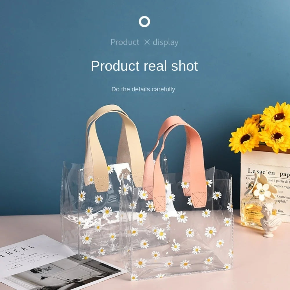 High Quality PVC Transparent Clear Tote Bag Little Daisy Waterproof Storage Bag Handle Gift Bag Transparent Shopping Bags