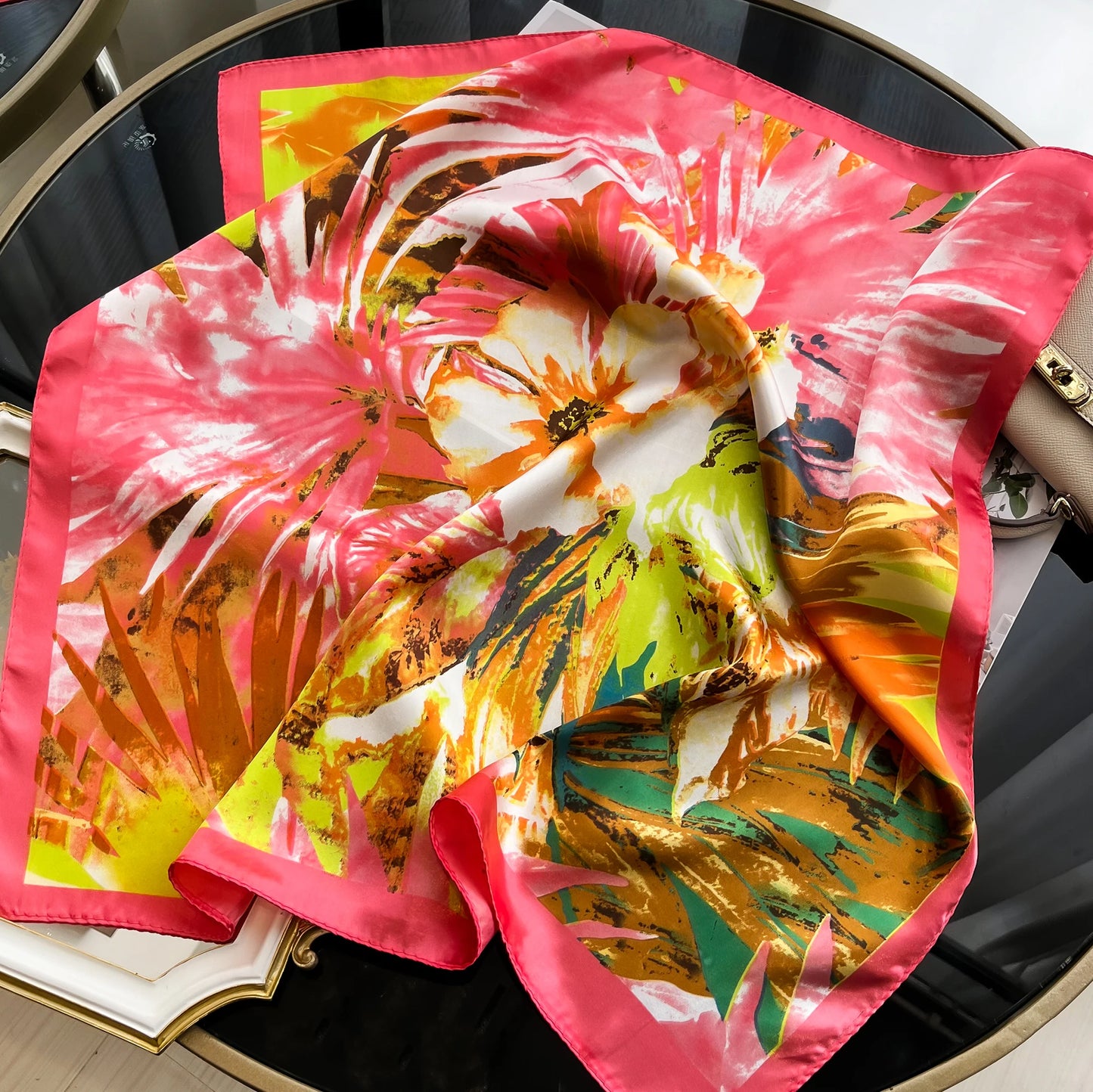 Luxury Silk Hair Square Scarf Women Satin Neck Tie Hand Wrist Foulard Summer Print Shawl Wraps Head Kerchief Hijab Bandana New