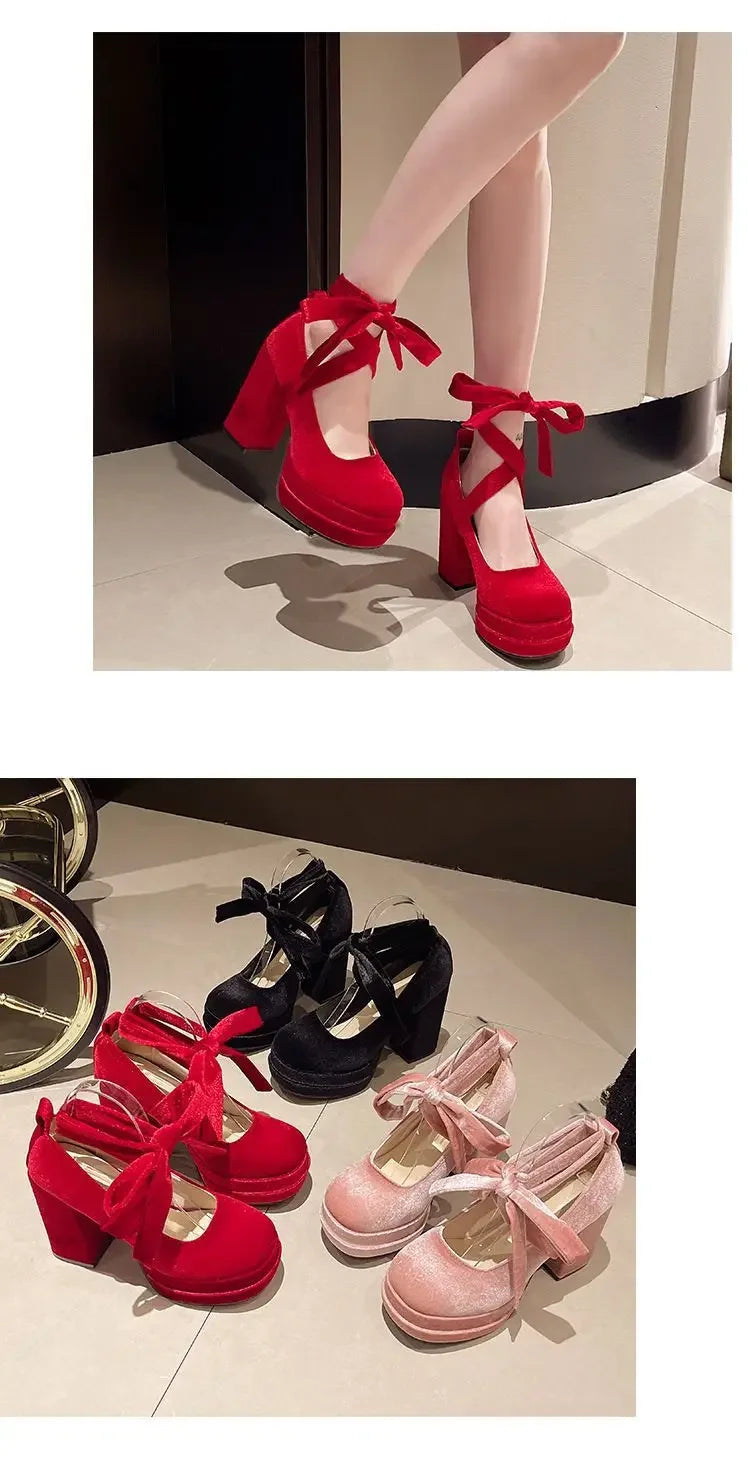 Platform Mary Janes Shoes Women Suede Luxury High Heel Lace Up Trend Lolita Shoes Elegant Chunky Party Pumps Zapatos De Mujer