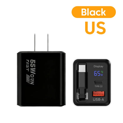 65W USB C GaN Charger Wall Charger Power Adapter Digital Display With Retractable Type C Cable For iPhone 17 16 Samsung Xiaomi
