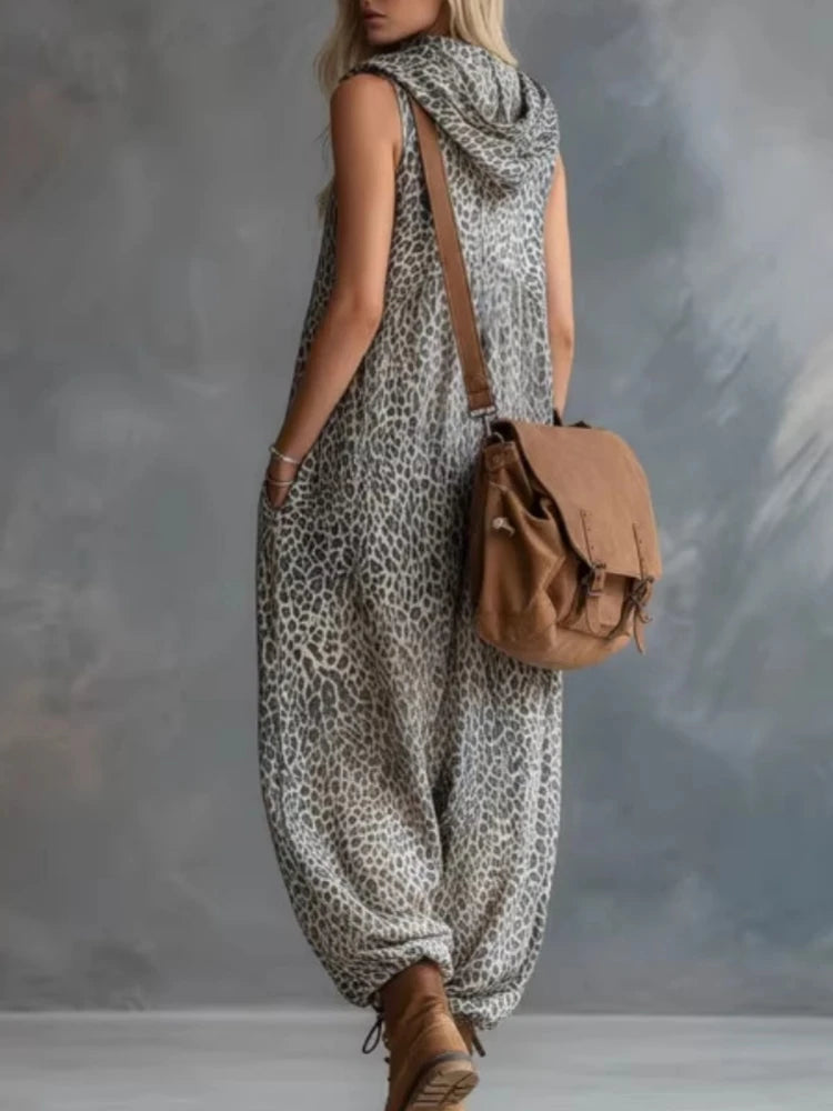 Women Summer Jumpsuits Leopard Printed Romper Vintage Hooded Sleeveless V Neck Overalls Casual Chiffon Playsuits Oversize