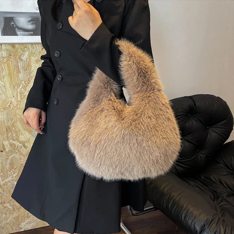 Winter Shoulder Bags Casual Furry for Women Solid Color Soft Plush Ladies Clutch Purse Handbags Lightweight Female Hobos Bag