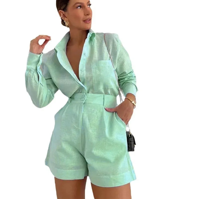 2026 New Women's Long Sleeve 2-Piece Set Casual Button Detail Shorts Outfit Shirt Top Summer Fashion Female Suit Y2k Clothing