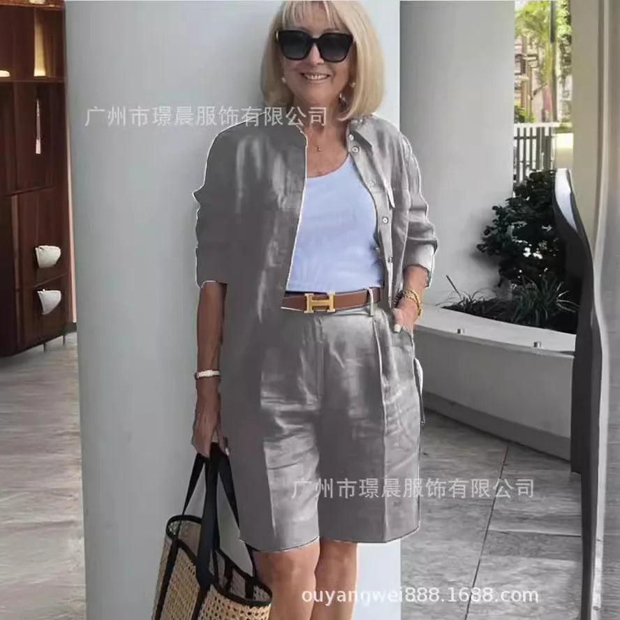 2026 Elegant 2-Piece Sets For Women Womens Cardigan Shirt Top Summer Solid Color Casual Shorts Two Piece New In Matching Sets