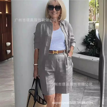 2026 Elegant 2-Piece Sets For Women Womens Cardigan Shirt Top Summer Solid Color Casual Shorts Two Piece New In Matching Sets