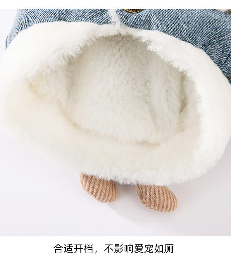 Cat autumn and winter thickened warm pocket three-dimensional bear denim traction vest small dog dog pet clothes