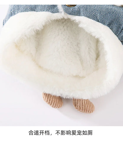 Cat autumn and winter thickened warm pocket three-dimensional bear denim traction vest small dog dog pet clothes