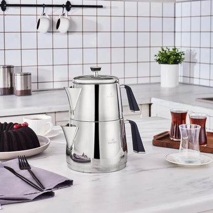 Stainless Steel XL Turkish Teapot Set with 1L Pot and 2L Tank, Compatible with Stovetop and Induction, Elegant Design for Large