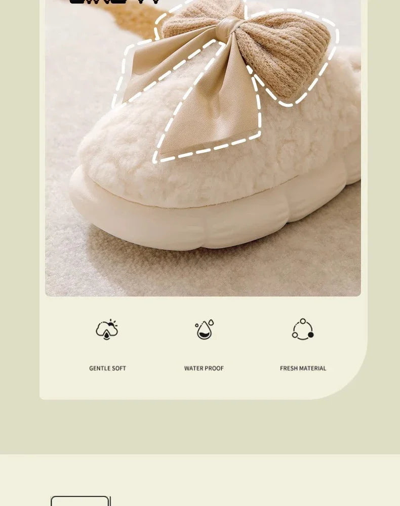 Thick Soled Non Slip Home Plush Slippers 2025 New Cotton Slippers for Women Bow Slippers for Autumn and Winter Warm for Women