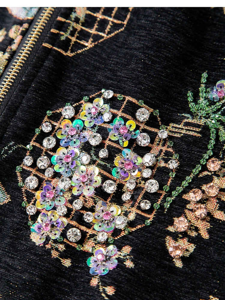 Luxury Beaded Black Jacquard Bomber Jacket Women Vintage Stand Collar Baseball Coat Elegant Embroidered Rhinestone Outerwear