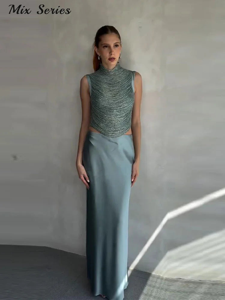 Elegant Tassel Crop Tops Satin Mermaid Skirt Sets Women Sleeveless Slim O-neck Vest Hip Package Skirts 2026 Summer Party Outfit