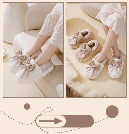 Thick Soled Non Slip Home Plush Slippers 2025 New Cotton Slippers for Women Bow Slippers for Autumn and Winter Warm for Women