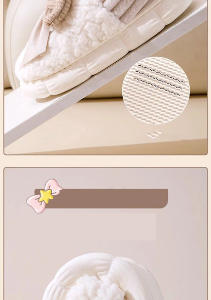 Thick Soled Non Slip Home Plush Slippers 2025 New Cotton Slippers for Women Bow Slippers for Autumn and Winter Warm for Women