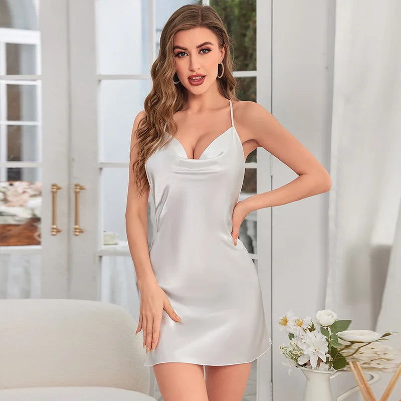 Summer Solid Silk Stain V-neck Nightgown Women's Sleepwear Butterfly Cross Suspender Backless Mini Dress Thin Nightdress