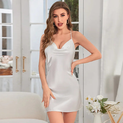 Summer Solid Silk Stain V-neck Nightgown Women's Sleepwear Butterfly Cross Suspender Backless Mini Dress Thin Nightdress